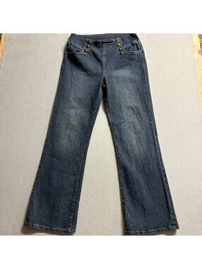 DG2 Diane Gilman Sailor Jeans Womens Large Blue Denim Stretch Pull On Wide Leg